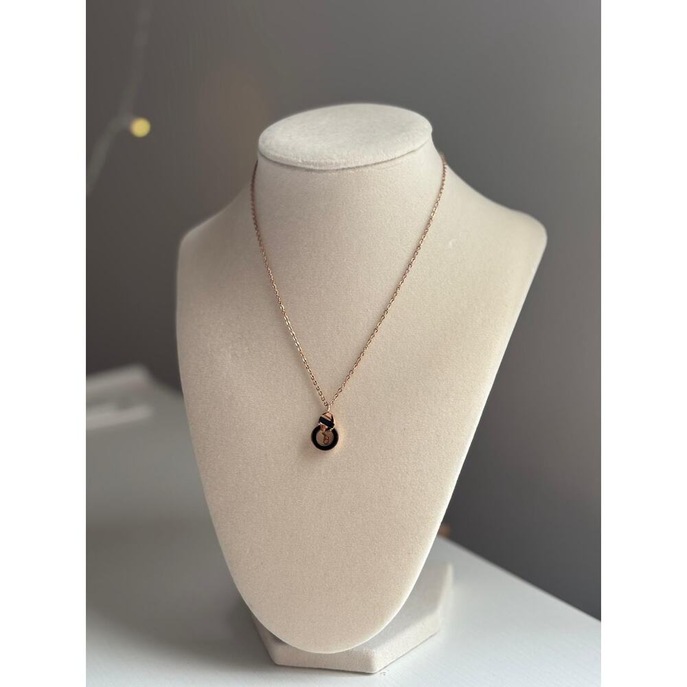 Rose Gold Necklace Round Pendant Minimal Black Detail Stainless Steel - Picture 7 of 9